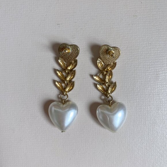 vintage heart-shaped gold & pearl earrings - Picture 4 of 5